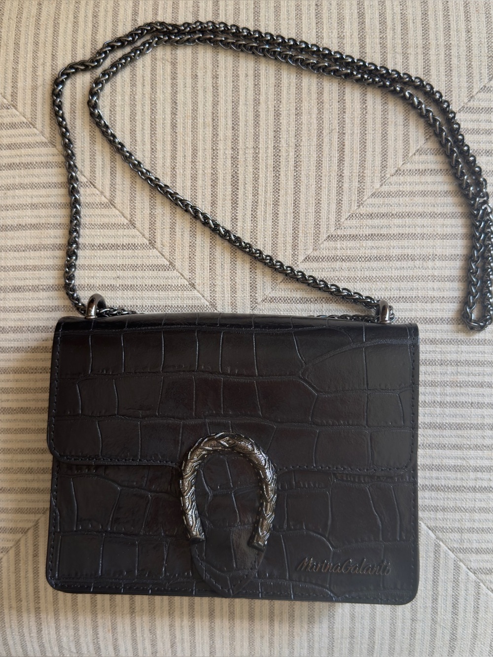 Marina Galanti Italian Black Croc-Embossed Leather Chain Crossbody Bag NWOT